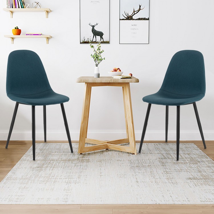 Set of 2 blue dining chairs with black metal legs and ergonomic backrest, perfect for dining rooms and kitchens.